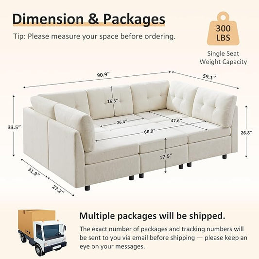VANOMi 6 Seater Modular Sectional Sofa, Convertible Modular Cloud Sofa Bed with Ottoman, Comfy Chenille Sofas & Couches for Living Room, Apartment, Office, Beige, Sofa Bed