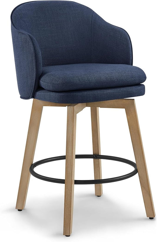 Counter Height Barstools 26 inch Upholstered Swivel Bar Stools with Back and Wood Legs for Kitchen Island,Set of 1,Blue Fabric