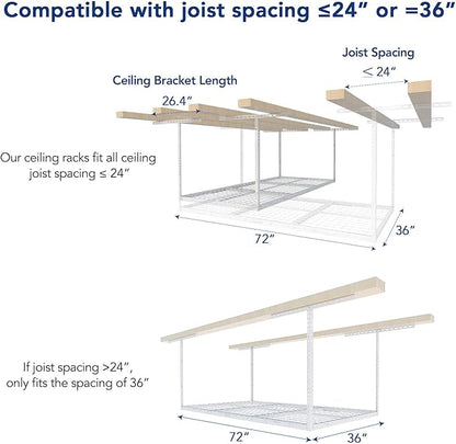 FLEXIMOUNTS 2 Pack 3x6 Overhead Garage Storage Adjustable Ceiling Rack 72" Length x 36" Width x 40" Height, 900lbs Total Weight Capacity, White, Classic Series