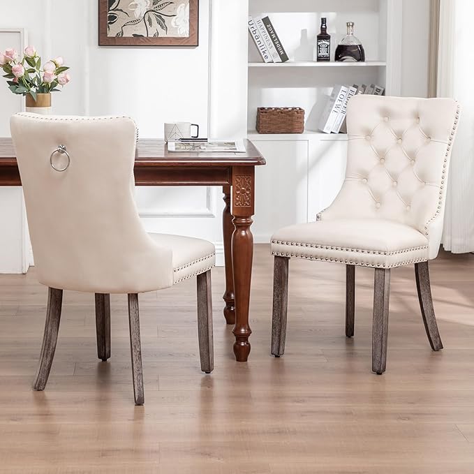 Velvet Dining Chairs Set of 6, Upholstered Dining Room Chairs with Nailhead Ring Pull Trim, Button Tufted Wing Back Chairs for Dining with Solid Wood Legs for Kitchen Dining Room(Beige)