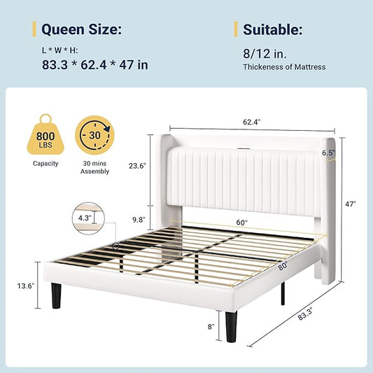Allewie Queen Size Platform Bed Frame with USB Charging Station and Storage Shelf/Upholstered Velvet Wingback Headboard/Wooden Slats Support/No Box Spring Needed/Easy Assembly, White