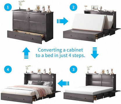 Mjkone Queen Murphy Bed Cabinet, Cabinet Bed with Built-in Charging Station, Storage Drawer, Solid Wood Cabinets Bed with Tri-fold Mattress, Cube Murphy Chest Beds for Guest Room, Home, Office, Grey