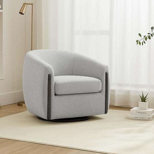 CHERS Aspen Swivel Accent Chair with Wood Accents, Bouclé Upholstered Armchair for Living Room, 360° Swivel Barrel Chair with High-Density Cozy Foam Cushioning, Modern Design, Light Gray