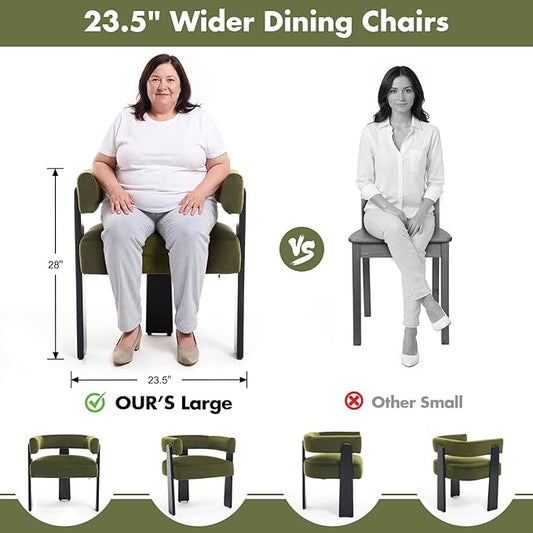 Modern Dining Chairs Set of 2, Upholstered Velvet Barrel Accent Chairs with Backrest & Arms, Wide and Thicker Padded Kitchen Side Chair with Wooden Legs for Dining Room, Livingroom, Dark Green