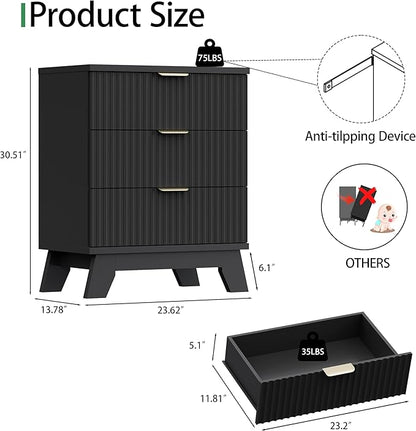 Fluted Nightstand, 24" Wide Side Table with 3 Large Storage Drawers, Mid Century Modern Wood Night Stand with Metal Handle, Wooden Bedside End Table for Bedroom, Living Room, Closet, Black