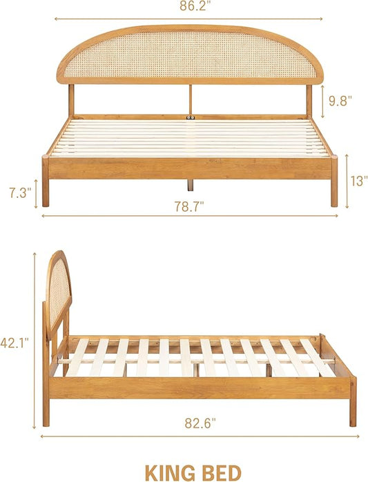 NTC Gem Wooden Bed Frame with Headboard and Natural Rattan, Solid Oak/Rubber Wood Foundation with Silent Slats, 1000 Lb Capacity, Effortless Assembly (Natural Cane - Rustic Oak, King)