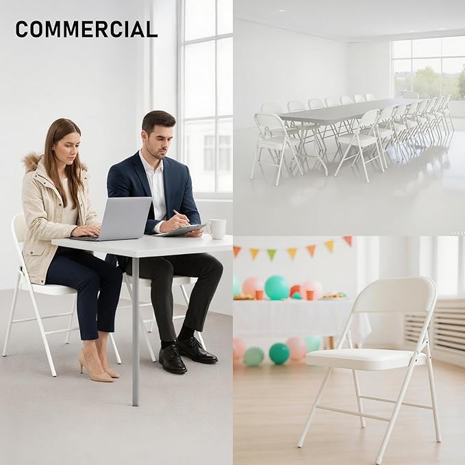 SEALAMB 10 Pack White Folding Chairs with Padded Seats & Cushion, Durable Metal Foldable Chairs for Wedding Party, Commercial Chairs for Office School Church Events, 330lb Capacity (White-PU, 10 Pack)