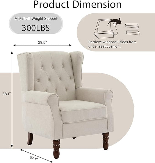 Lumibee High Back Accent Chair Set of 2,Upholstered Wingback Armchair with Solid Wood Legs for Small Spaces,Comfy Single Sofa Chair for Living Room,Bedroom,Office-Beige