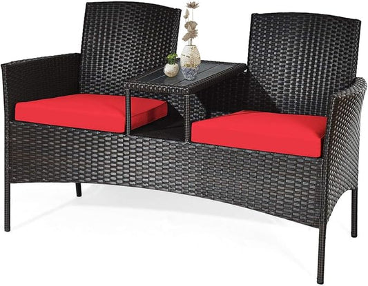 COSTWAY 2-Seat Patio Conversation Sets, Outdoor Patio Loveseat Set with Removable Cushions & Built-in Coffee Table for Backyard, Garden, Lawn, Balcony, Brown+Red