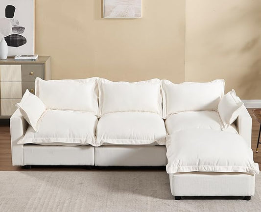 chairus 97" Modular Sectional Sofa with Moveable Ottoman Upholstered Deep Seat Linen Couch Set with Soft Pillows L Shaped Sofa Couch for Living Room, Apartment, Reception Room, 3-Seater/White