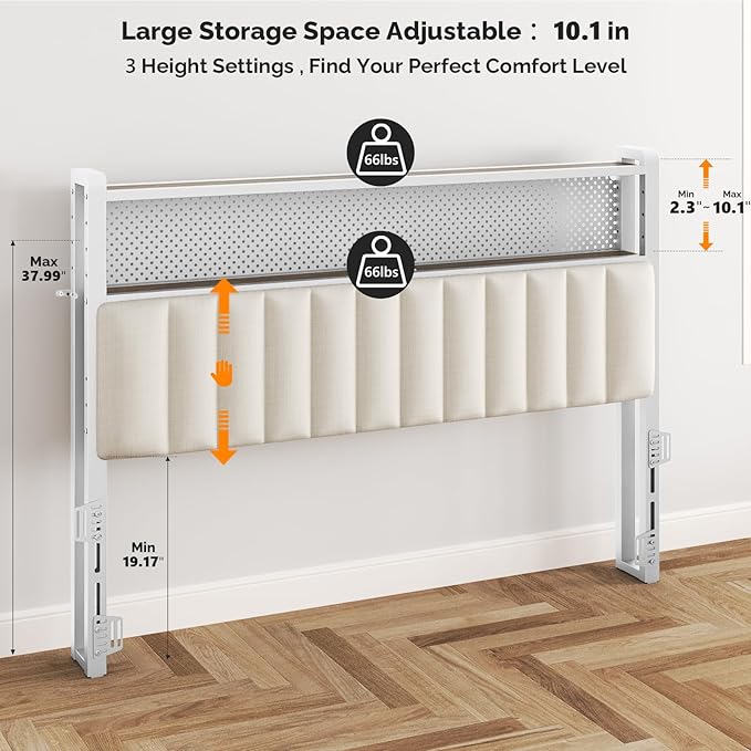 VINGLI Queen Size Headboard Only, Adjustable Upholstered Headboard with 2 Tier Shelves and Pegboard with Charging Stations and LED Lights, Modern Bed Headboard with Storage for Bedroom Decor