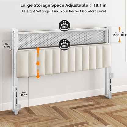 VINGLI King Size Headboard Only, Adjustable Upholstered Headboard with 2 Tier Shelves and Pegboard with Charging Stations and LED Lights, Modern Bed Headboard with Storage for Bedroom Decor