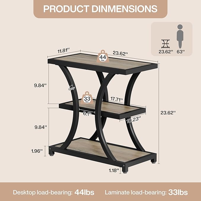 Tribesigns End Table with Storage, 3-Tier Side Table with Geometric Metal Design, Industrial Nightstand for Small Spaces, Living Room, Bedroom, Study Room (2, Grey)