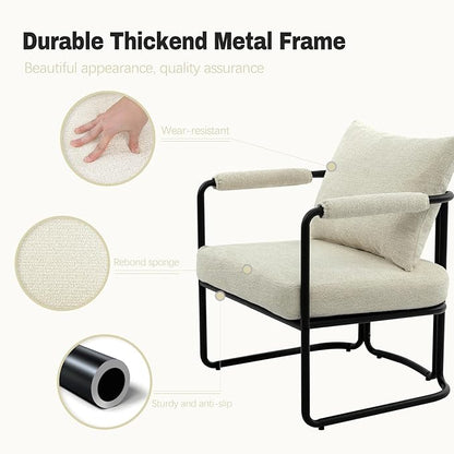 Single Accent Chair for Living Room, Mid Century Modern Upholstered Reading Armchair for Bedroom, Office, with Comfy Chenille Cushion & Metal Frame, Cream Beige