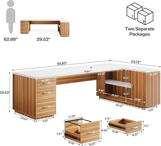 Tribesigns 85.8-Inch L-Shaped Executive Desk with File Drawers, Door Cabinet & Shelves, Extra Large Commercial Office Desk, Modern Professional Office Table, White & Brown Business Furniture