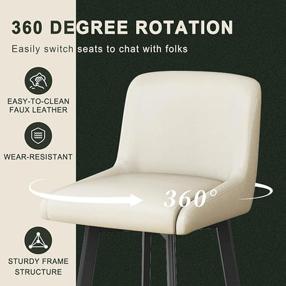 Swivel Bar Stools, 26''H Upholstered Barstools with Backs, Modern Counter Height Bar Stool Chairs for Kitchen Island, Metal Legs (Beige- Faux Leather, Set of 6-26" H)
