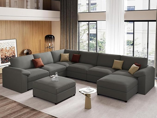 EASE MOOSE Modular Sectional Sofa, Oversized Faux Leather Sectional with Ottoman, Wide Deep Modular Couch, Scratch Resistant Faux Leather Material, U Shaped Couch for Big Spaces, Grey