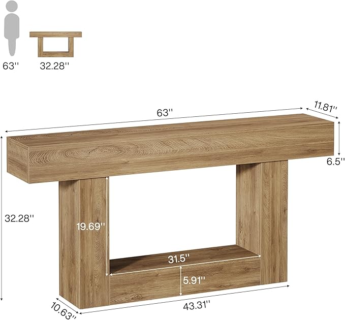 Tribesigns 63-Inch Long Console Table, 2-Tier Entryway Table Sofa Table with Storage, Farmhouse Wood Behind Couch Table for Living Room, Hallway, Light Brown