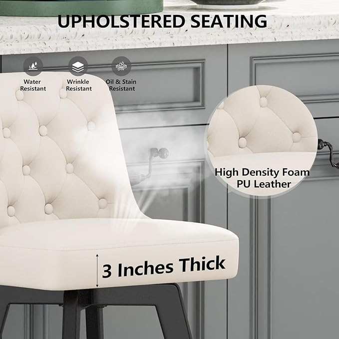 MINCETA Bar Stool, PU Leather Barstool, 26 Inch Upholstered Counter Stool with Low Tufted Back and Footrest, Swivel Counter Height Barstool for Kitchen Island Home Bar White
