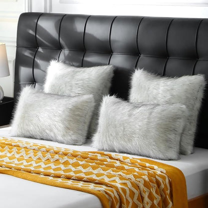 FUTEI Black White Decorative Throw Pillow Covers 24x24 Inch Set of 2,Soft Fluffy Faux Fox Fur Textured European Cushion Case,Modern Home Decor for Couch Living Room
