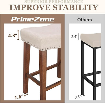PrimeZone Counter Height Bar Stools Set of 6 - Backless Saddle Barstools with 4.3" Thick Upholstered, Nailhead Trim Linen Fabric & Solid Wood Legs, 26 Inch Counter Stools for Kitchen Island, Beige
