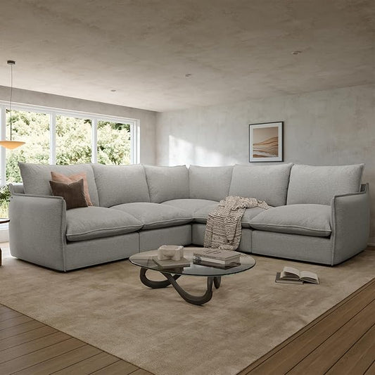 Waterproof Cloud Sectional Sofa for Living Room,High Backrest Down Filled Couch,5 Seater Oversized Modular V-Shaped Couches,Detachable Couch Covers,Light Grey
