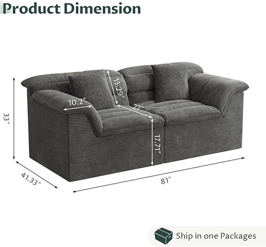 81" Sofa with Deep Seats Oversize, 2 Seater Cloud Couches, Upholstered Corduroy Loveseat for Living Room Bedroom, No Assembly Required, Dark Gray