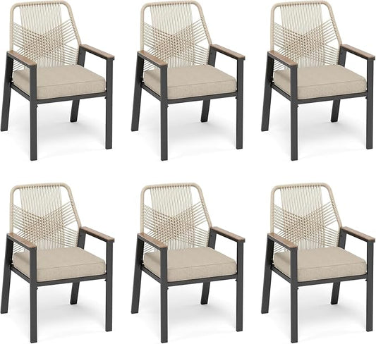 Patio Dining Chairs Set of 6, Heavy-Duty Woven Rope Outdoor Chairs with Waterproof Cushion and Wrought Iron Frame, All-Weather Outside Seating for Kitchen Garden Deck Backyard
