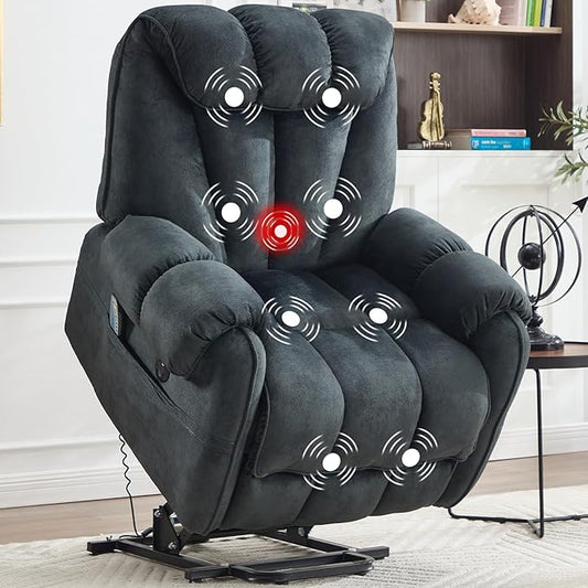 CANMOV Power Lift Recliner Chair for Elderly with Massage & Heat, Overstuffed Recliner Chairs for Adults, Electric Recliners with Type-C & USB Port, Side Pockets, for Living Room, Grey