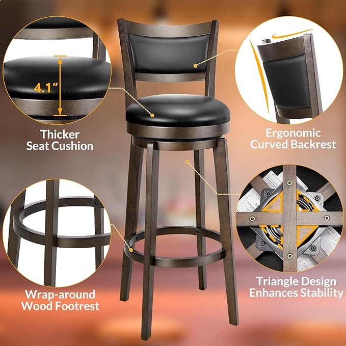 PrimeZone Swivel Bar Stools Set of 8, 34 Inch Extra Tall Bar Height Barstools, Black Faux Leather Bar Stool with High Backrest, Solid Wood Leg, Wrap-Around Footrest, Counter Stools for Pub