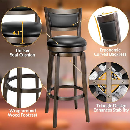 PrimeZone Swivel Bar Stools Set of 2, 34 Inch Extra Tall Bar Height Barstools, Black Faux Leather Bar Stool with High Backrest, Solid Wood Leg, Wrap-Around Footrest, Counter Stools for Pub
