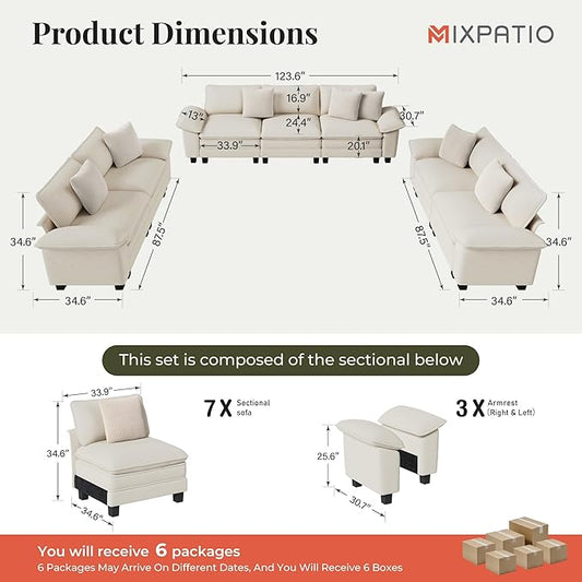 Cloud Couch Sectional Sofa Set, Plush 24.4-Inch Deep 7-Seat Sectional with Velvety Chenille & Removable Arms for Living Room and Apartment, Beige