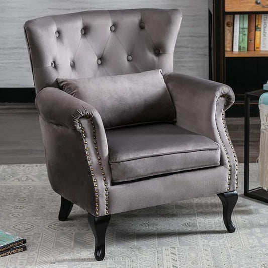 Accent Reading Arm Chairs for Living Room Bedroom, Midcentury Modern Comfy Corner Sofa Chair, Wingback Waiting Room Club Chair with Button Tufted Back &Lumbar Pillow, Velvet Grey