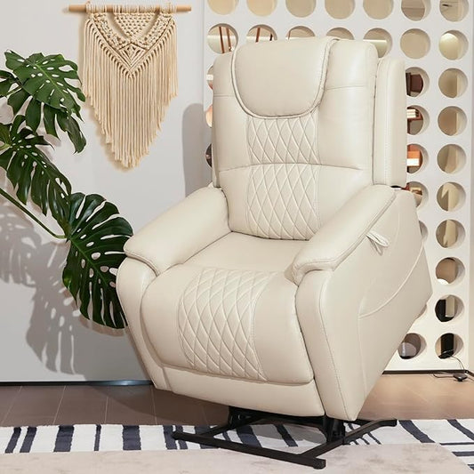 EONIX Triple Motor Lay Flat Power Lift Recliner Chair for Elderly with Massage, 400lbs Electirc Lift Chair for Living Room, Independent Adjustable Backrest Headrest, Extended Footrest, Cream White