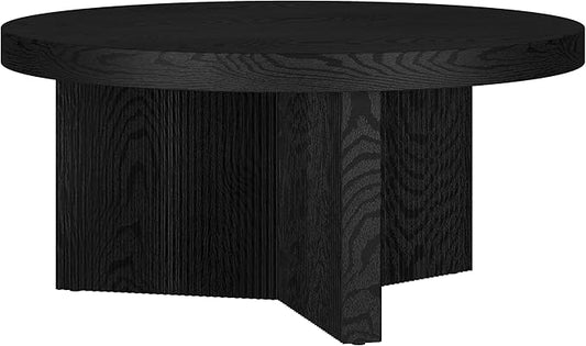 Henn&Hart 32" Fluted Round Low-Profile Coffee Table with Ribbed Pedestal Base for Living Room, Family Room, Office, or Apartment, Black Grain