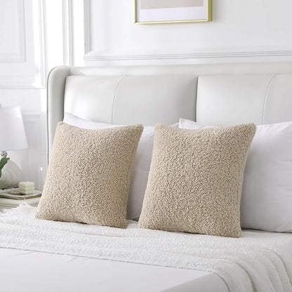 FUTEI Beige Throw Pillow Covers 22x22 Inch Set of 2,Furry Faux Fur Teddy Boucle Textured Cushion Covers,Soft Fluffy Decorative Pillow Case,Home Decor for Couch Bed Living Room Office Car