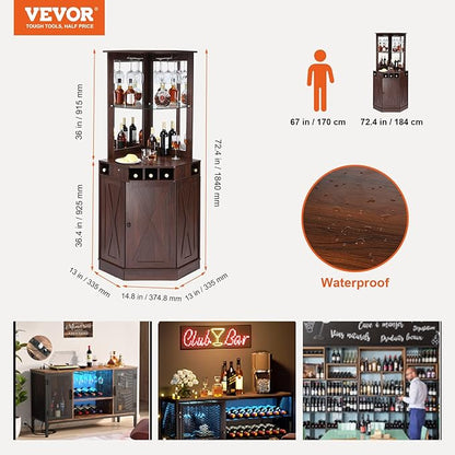 VEVOR Corner Industrial Bar Cabinet, Wine Table for Liquor & Glasses, Sideboard Buffet Cabinet with Glass Holder, Freestanding Farmhouse Wood Coffee Bar Cabinet for Living Room, Home Bar, Black Walnut