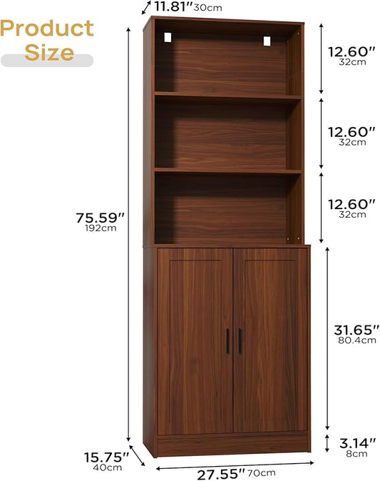 75" Tall Bookcase with Doors, 5 Tier Large Bookshelf with Cabinet, Standing Wood Display Book Shelf for Living Room, Office, Library with Doors, Brown