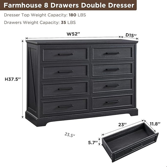 ACCOHOHO Farmhouse 8 Drawers Dresser Chests for Bedroom,52" Wide Wood Rustic Chest of Drawers with Metal Handle,Natural Texture,Drawer Organizer for Bedroom,Living Room,Hallway and Entryway,Black