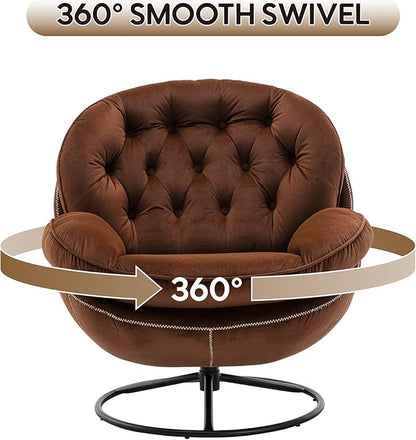 Set of 2 360° Swivel Modern Velvet Accent Chair with Ottoman | Mid-Century Button Tufted Lounge Chair for Living Room & Bedroom, Brown