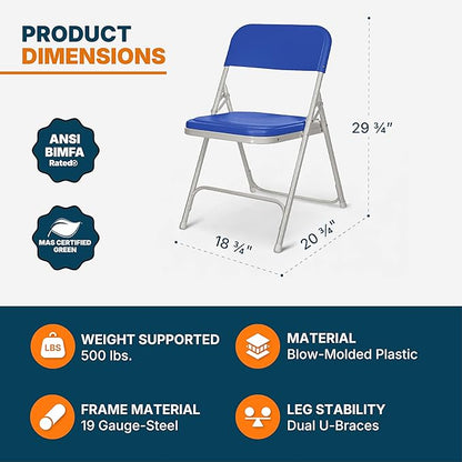 OEF Furnishings OEF800 Series Premium Heavy-Duty Plastic Folding Chairs, Lightweight, Durable Seating for Indoor and Outdoor Use, 500 lb Capacity (4-Pack, Blue Plastic with Gray Frame)