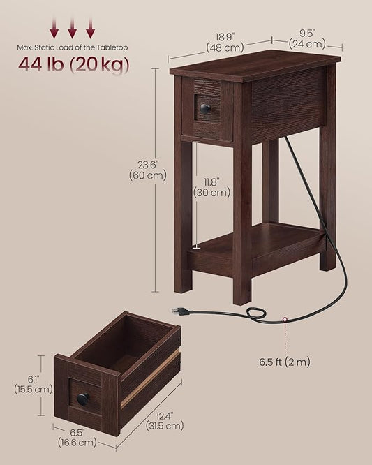 VASAGLE Narrow Side Table with Charging Station, Farmhouse End Table with Storage Drawer, Nightstand, Superfast Toolless Assembly, for Living Room, Bedroom, Saddle Brown ULET328K01