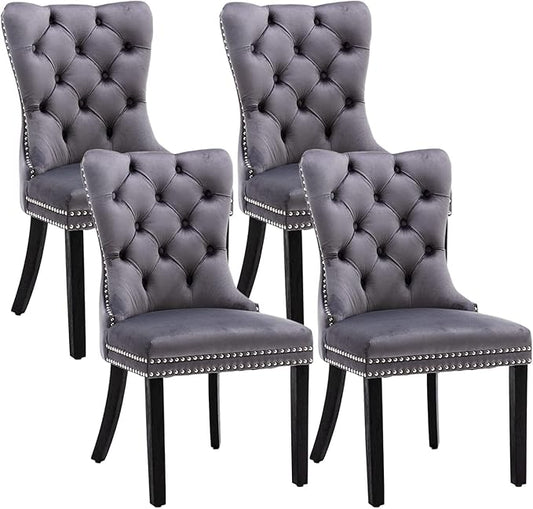 Velvet Dining Chairs Set of 4, Upholstered Dining Room Chairs with Nailhead Ring Pull Trim, Button Tufted Wing Back Chairs for Dining with Solid Wood Legs for Kitchen Dining Room(Grey)