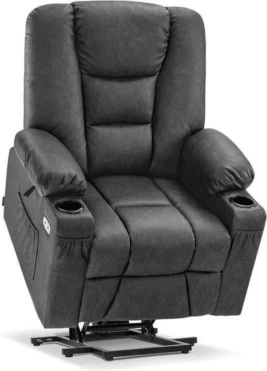 MCombo Power Lift Recliner Chair for Elderly, Lift Chair with Heat and Massage, USB Ports, Cup Holders, Faux Leather 7519 (Medium, Dark Grey)
