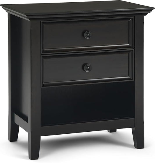 SIMPLIHOME Amherst Bedside Table - 24 inch Wide Solid Wood Nightstand Table in Hickory Brown, Transitional Bedroom Side or End Table with 2 Drawers, Open Storage Shelf and Bronze Hardware
