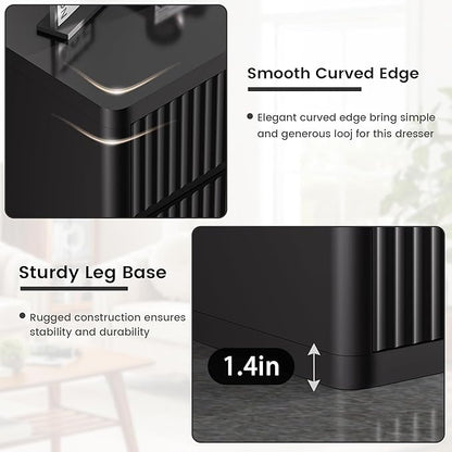Black 9 Drawers Dressers for Bedroom, 57" Large Chest of Drawers with Handleless, Curved Profile, Modern Flute Dresser TV Stand, Wooden Closet Clothes Storage Organizer for Living Room