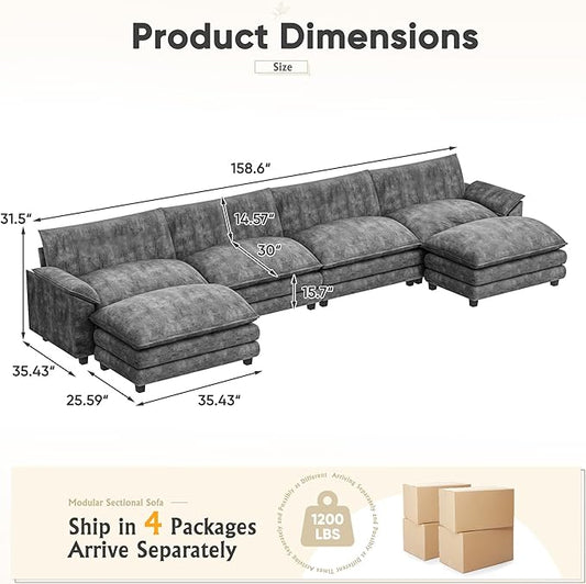 Furniwell Modular Sectional Sofa with Moveable Ottoman, Oversized 3-Seater Couch with Supportive Backrest, Chenille Convertible Sofa Couches for Living Room/Apartment (Grey, U Shaped)