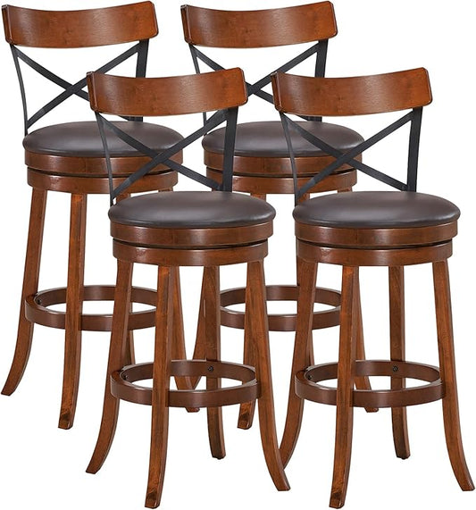 COSTWAY Bar Stool Set of 4, 360-Degree Swivel Solid Wood Stools with Soft Cushion & Backrest, 29.5” Height Kitchen Counter Bar Stools for Kitchen Island, Pub, and Restaurant (4, 29in)