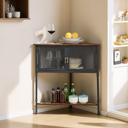 VECELO 3 Tier Corner Shelf,Corner Table with Mesh Door and Open-Shelf,Corner Cabinet Stand,Metal Frame Organizer Display Storage Shelves for Bedroom,Living Room,Kitchen,Bathroom