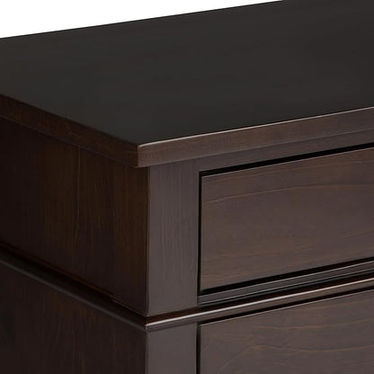 SIMPLIHOME Carlton Bedside Table - 24 inch Wide Solid Wood Nightstand Table in Dark Tobacco Brown, Transitional Bedroom Side or End Table with 2 Drawers, Open Storage Shelf and Bronze Hardware